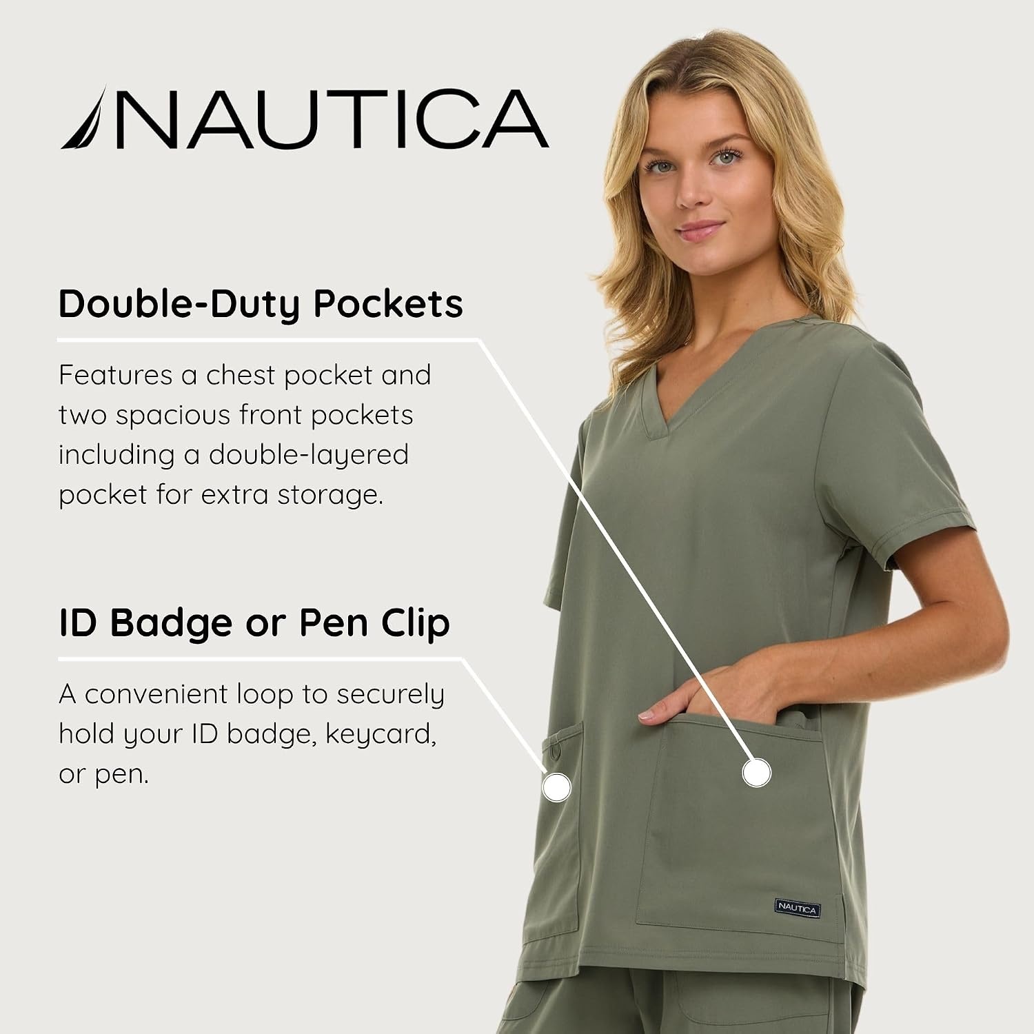 image:imageNautica Womens Scrubs Tops VNeck Breathable Scrub Tops Women 3 Pocket Stretch Fabric Scrubs for Women Medical Scrub ShirtOlive