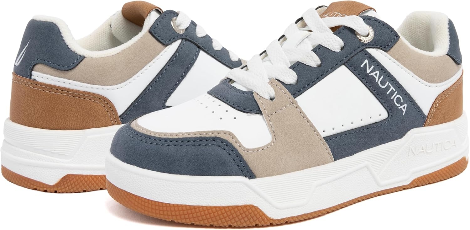 image:imageNautica Youth Athletic Sneakers Comfortable LaceUp Tennis Shoes for Boys and Girls Durable Casual Sport Footwear for School Gym and Daily WearWhite Blue Tan