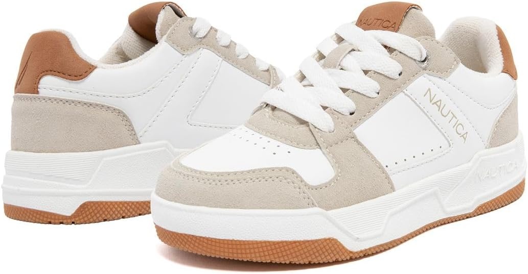 image:imageNautica Youth Athletic Sneakers Comfortable LaceUp Tennis Shoes for Boys and Girls Durable Casual Sport Footwear for School Gym and Daily WearWhite Taupe Tan