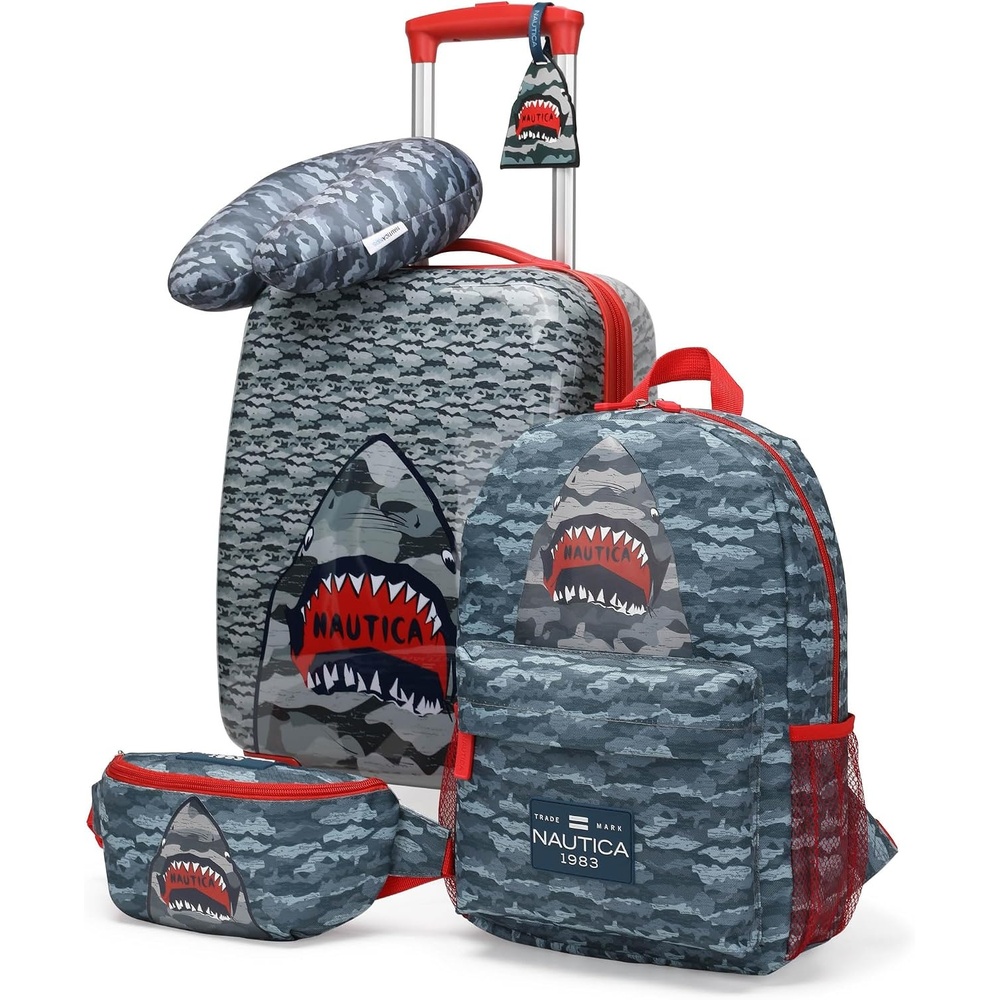 image:imageNAUTICA Kids Luggage 18 Airline Approved Rolling Hardside Upright Carryon Suitcase with Wheels Pirate AhoyShark Attack 5pc Travel Set