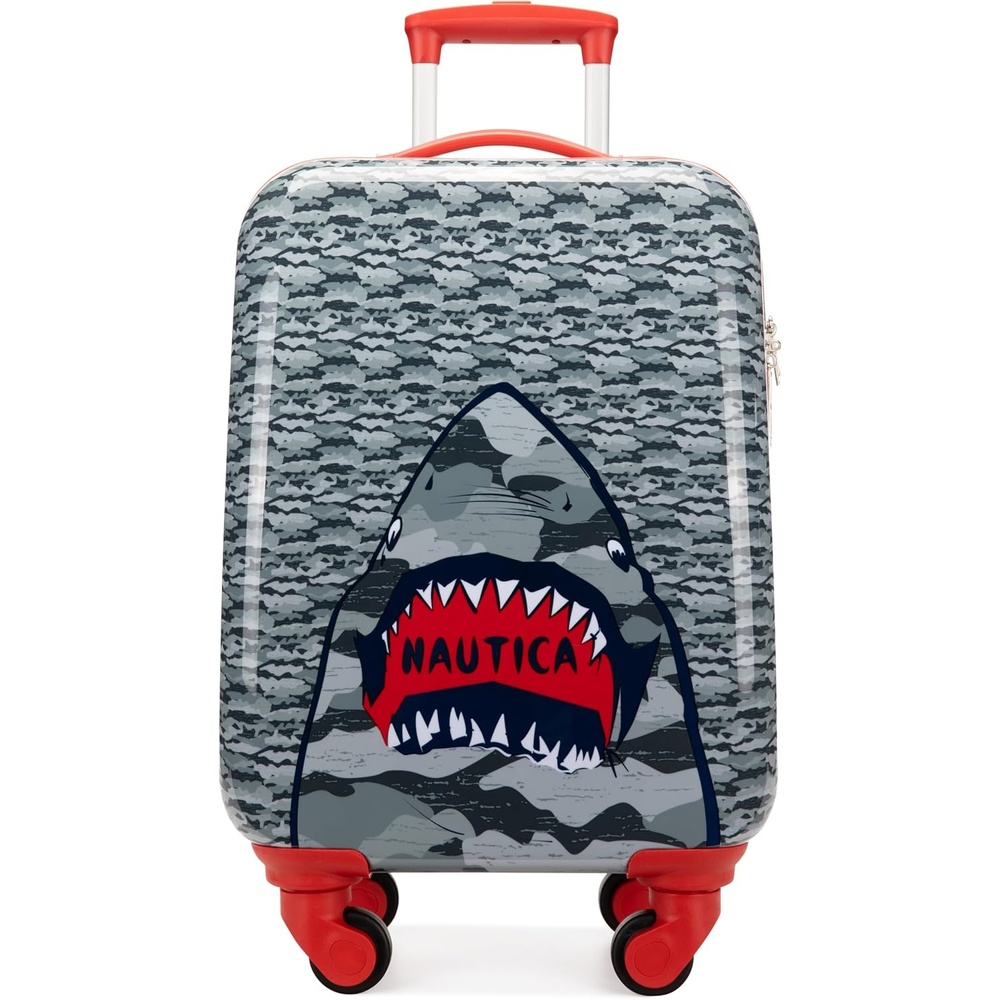 image:imageNAUTICA Kids Luggage 18 Airline Approved Rolling Hardside Upright Carryon Suitcase with Wheels Pirate AhoyShark Attack