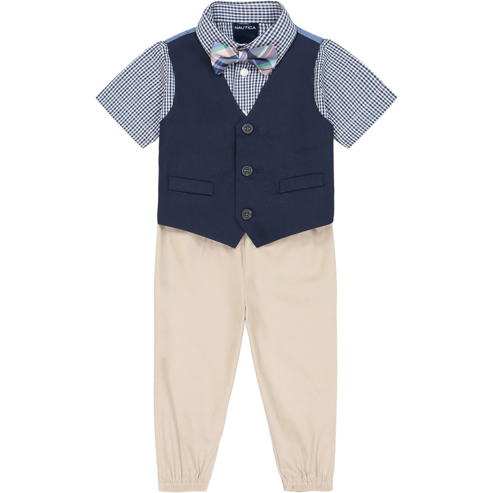 image:imageNautica Baby Boys 4piece Suit Set with Dress Shirt Vest Pants and TieKhaki Short Sleeve