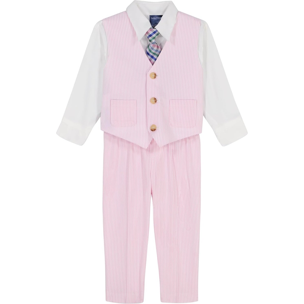 image:imageNautica Baby Boys 4piece Suit Set with Dress Shirt Vest Pants and TiePink Seersucker