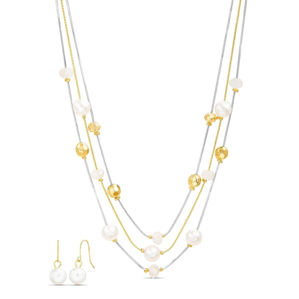 image:imageNautica Beaded Station Necklace Simulated Pearl Earring Set for Women Rhodium amp 14K Yellow Gold Plated Alloy 2126 Inches
