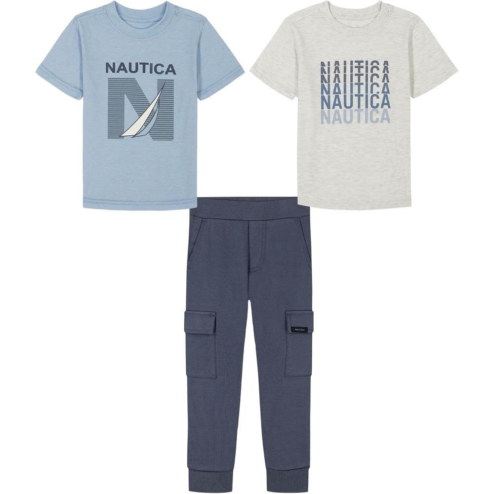 image:imageNautica Boys 3 Pc Two Tee Pant SetFarina HeatherCeruleanVintage Indigo