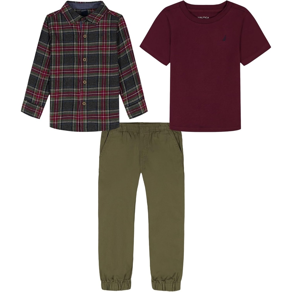 image:imageNautica Boys 3pc Woven Shirt Pant SetTawny PortPlaidPrime Olive