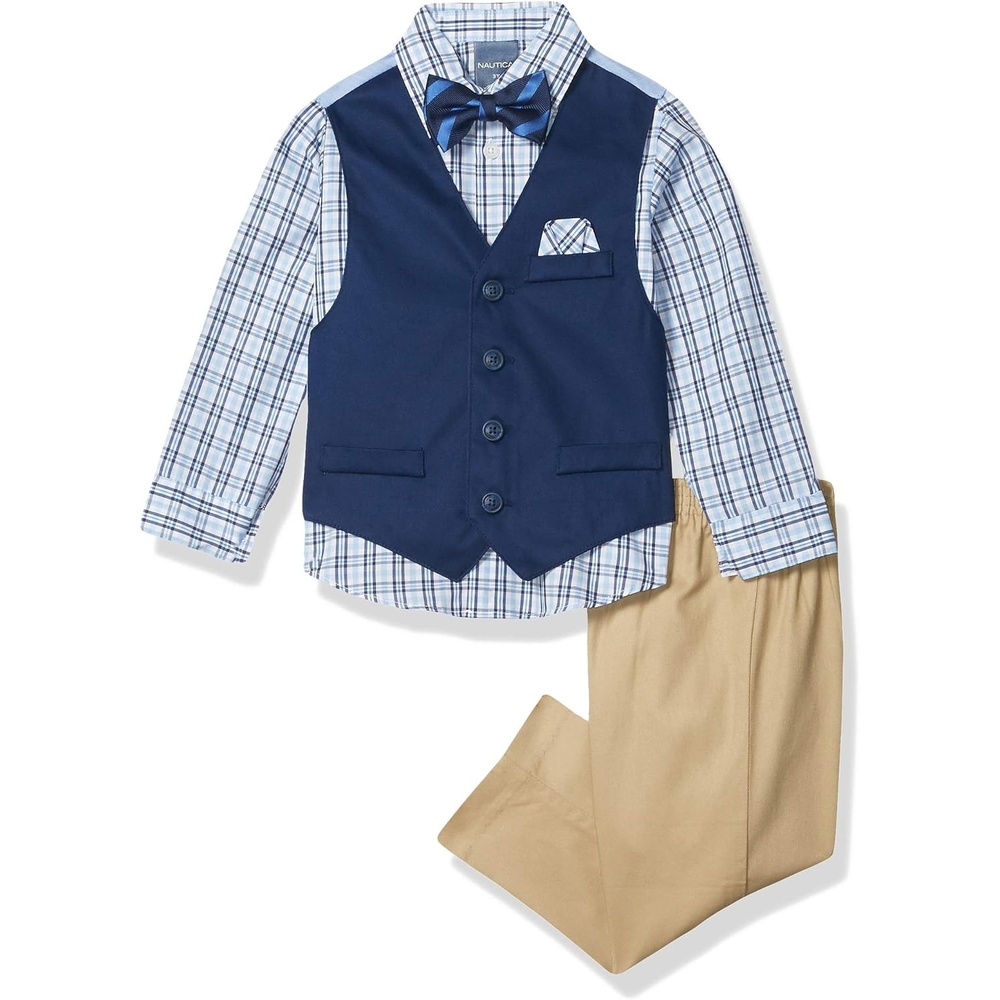 image:imageNautica Boys 4piece Formal Suit Set with Vest Pants Collared Dress Shirt and TieKhakiNavy