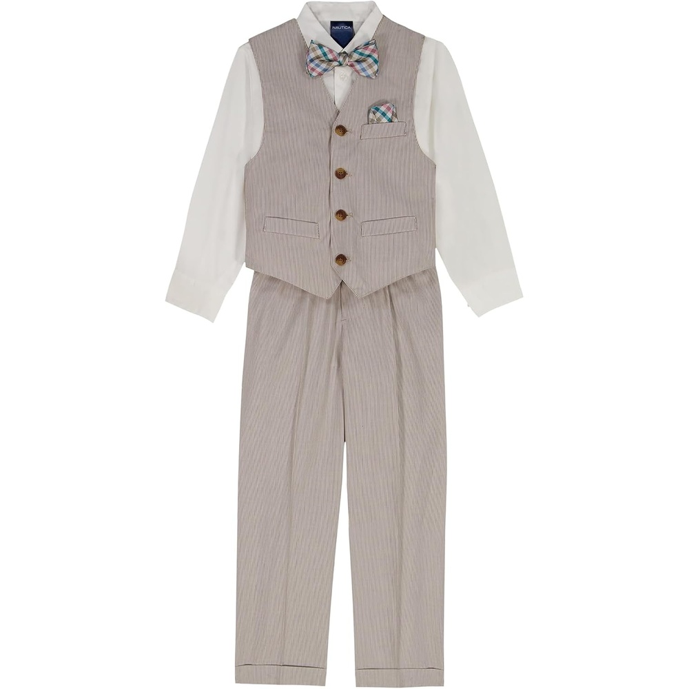image:imageNautica Boys 4piece Formal Suit Set with Vest Pants Collared Dress Shirt and TieWheat Stripe