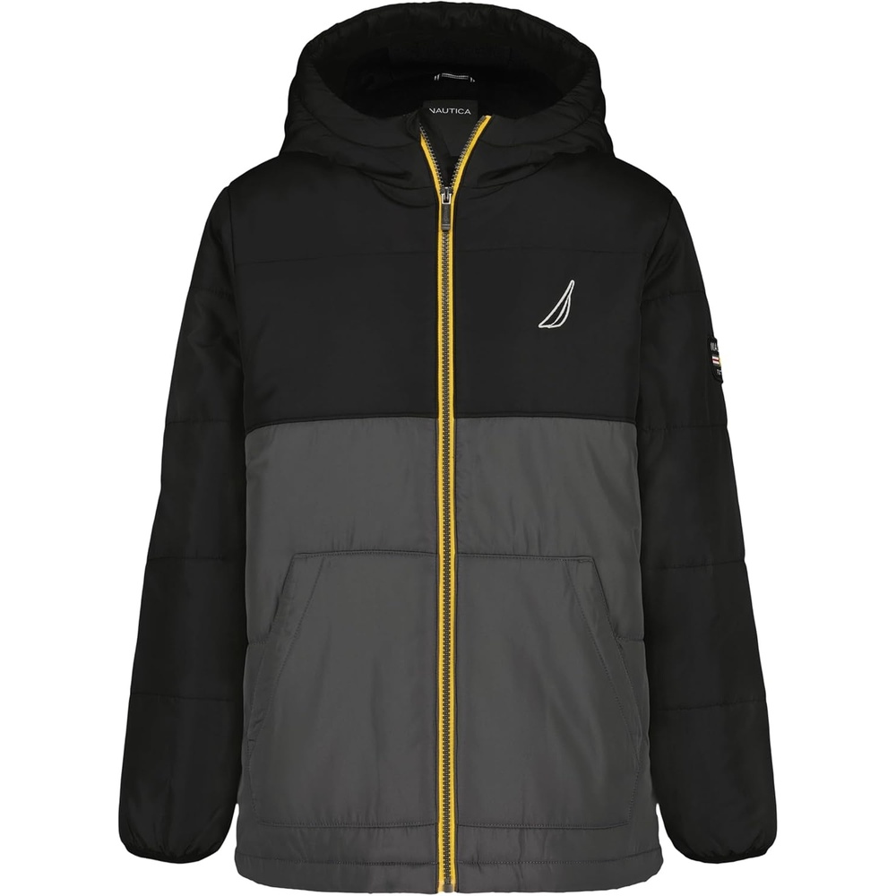 image:imageNautica Boys Heavyweight Hooded Bubble Jacket With Polar Fleece LiningColorblock True Black