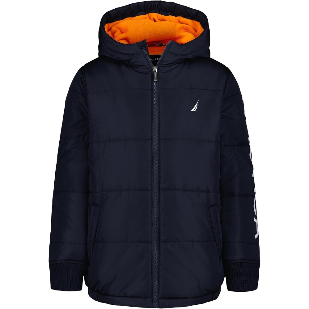 image:imageNautica Boys Heavyweight Hooded Bubble Jacket With Polar Fleece LiningSport NavyOrange