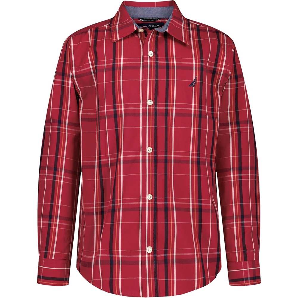 image:imageNautica Boys Long Sleeve Woven ButtonDown Shirt Comfortable Classic FitRio Red Thin Plaid