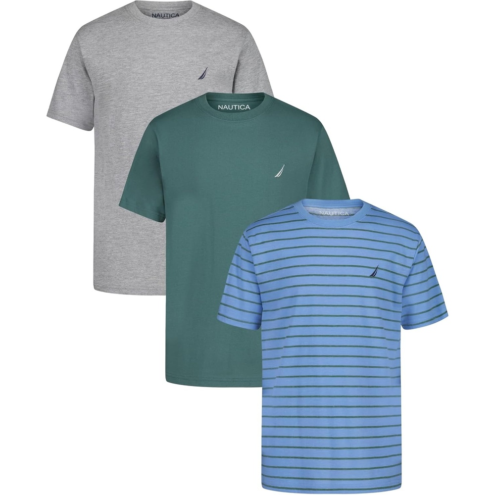 image:imageNautica Boys Short Sleeve Crew Neck TShirt 3Pack Soft Comfortable Relaxed FitDella Robbia StripeSagebrushGrey