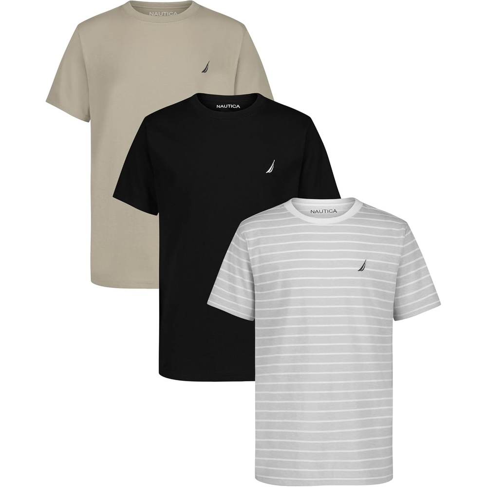 image:imageNautica Boys Short Sleeve Crew Neck TShirt 3Pack Soft Comfortable Relaxed FitMicro Chip StripeBlackIsland Fossil