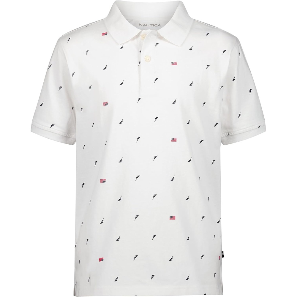image:imageNautica Boys Short Sleeve Fashion Polo Button Closure Soft amp ComfortableAmericana Aop White