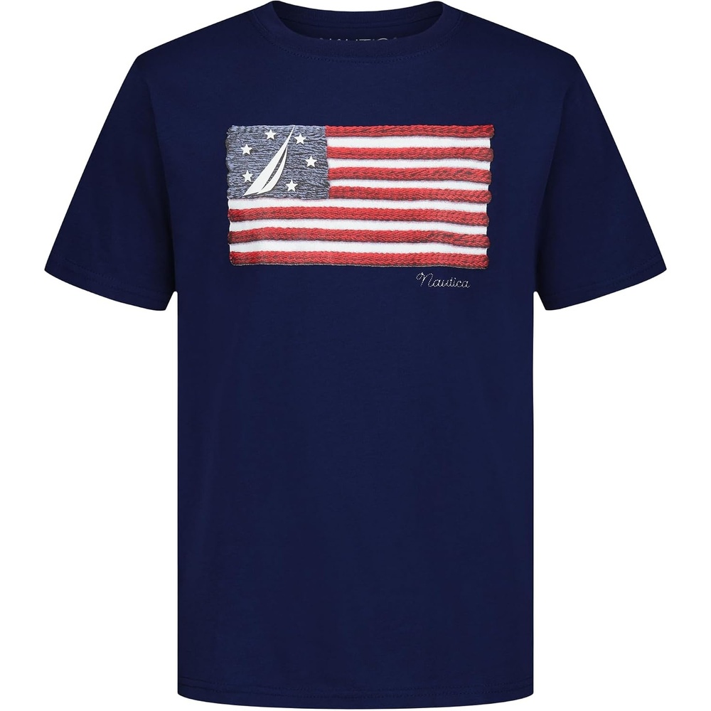 image:imageNautica Boys Short Sleeve JClass Logo Crew Neck TShirt Soft Comfortable Relaxed FitAmerican Flag Blueprint
