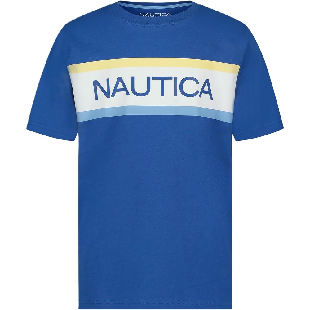 image:imageNautica Boys Short Sleeve JClass Logo Crew Neck TShirt Soft Comfortable Relaxed FitBarredstripe Windsurf Blue
