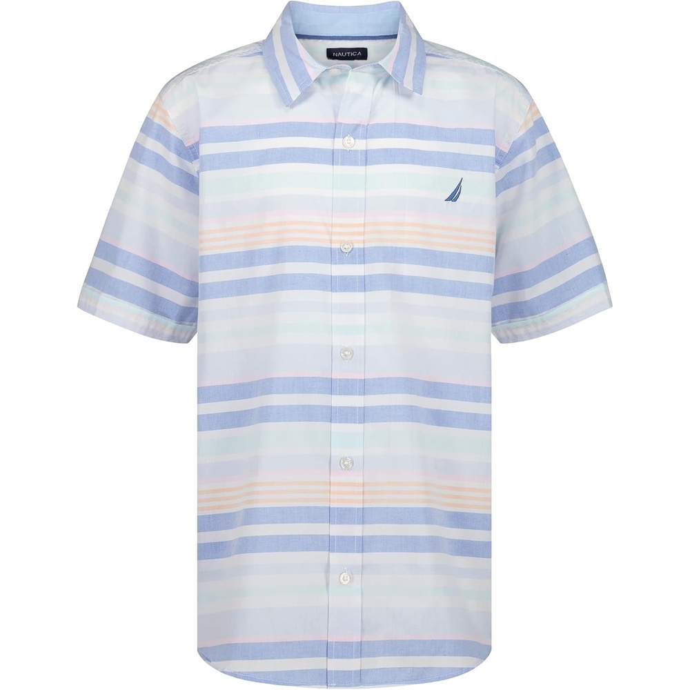 image:imageNautica Boys Short Sleeve Woven ButtonDown Shirt Light Weight amp BreathableCabana Stripe Cashmere Blue