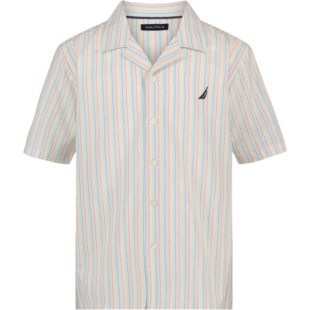 image:imageNautica Boys Short Sleeve Woven ButtonDown Shirt Light Weight amp BreathableRainbow Stripe on Bright White