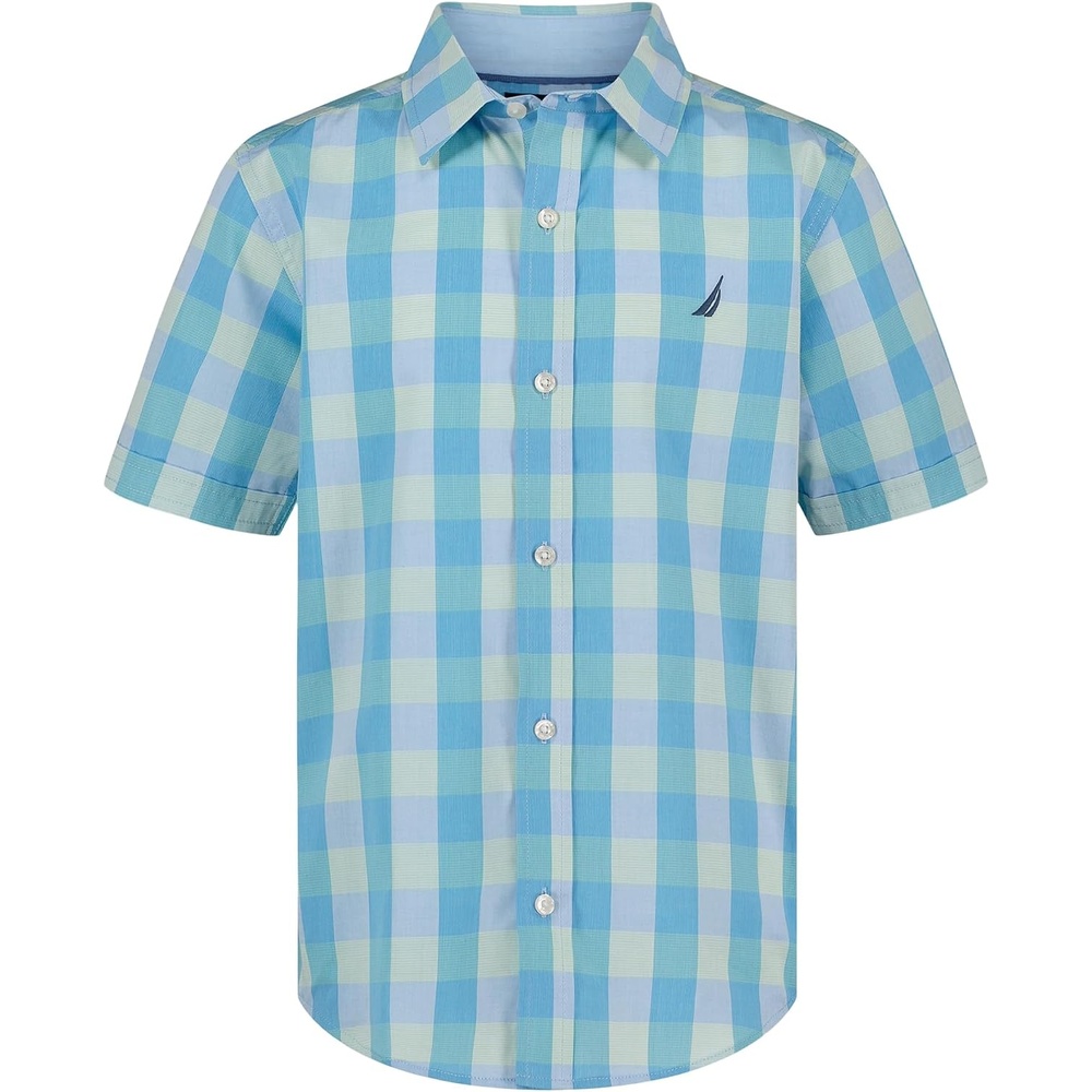 image:imageNautica Boys Short Sleeve Woven ButtonDown Shirt Light Weight amp BreathableSpring Check Azure
