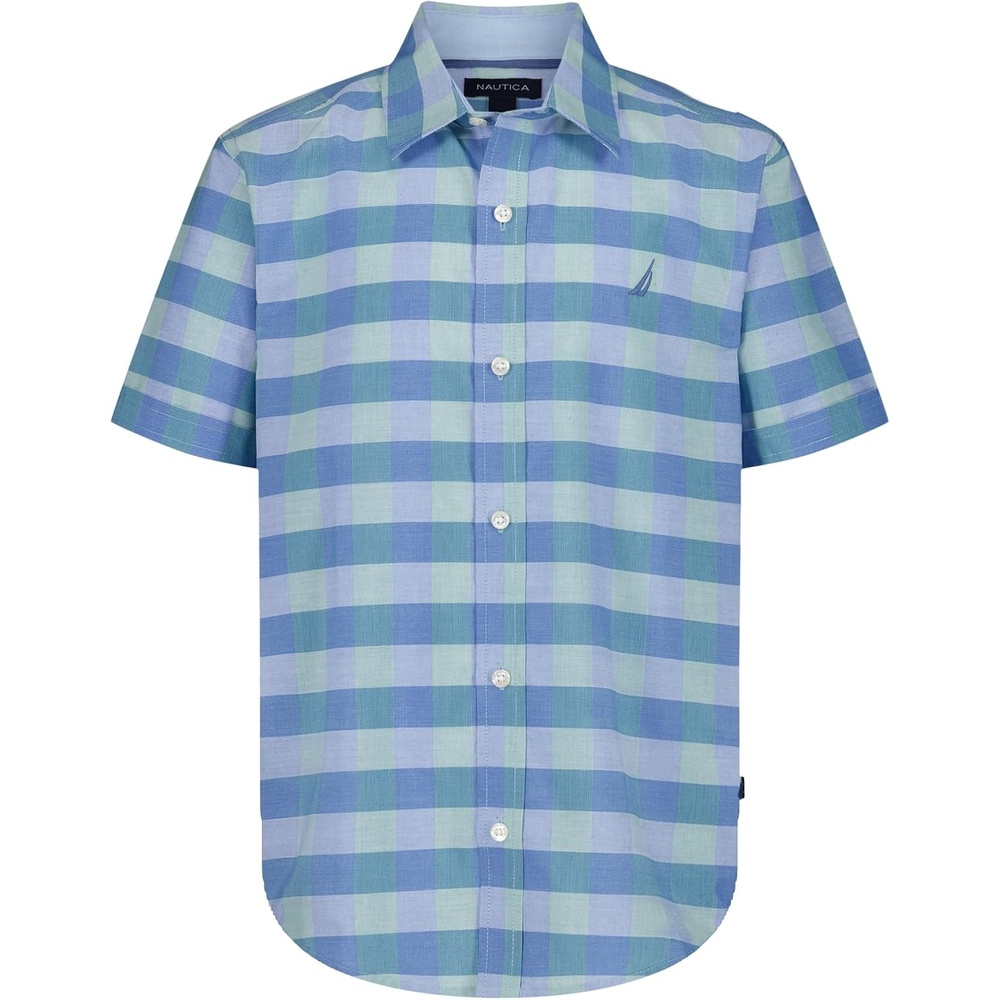 image:imageNautica Boys Short Sleeve Woven ButtonDown Shirt Light Weight amp BreathableSpring Check Blue Tint
