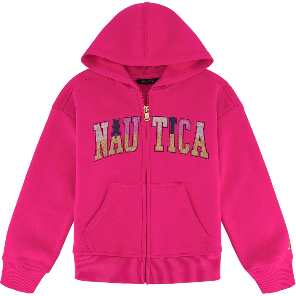 image:imageNautica Girls Logo Sweatshirt Fleece Hoodie With Fullzip Front amp PocketsFuchsia Glitter Art