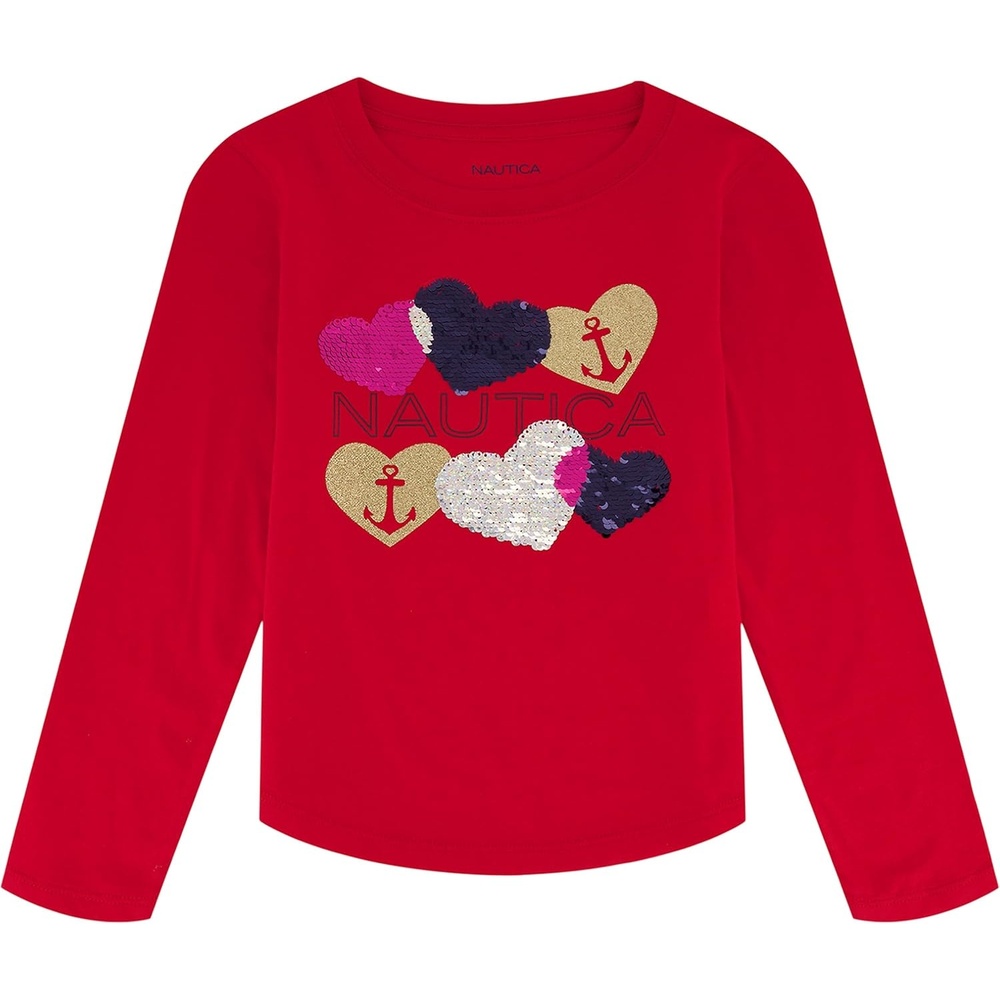 image:imageNautica Girls Long Sleeve Graphic TShirtRed Heart Anchor