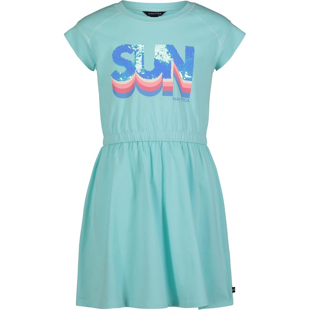 image:imageNautica Girls Short Sleeve Jersey Tee Dress with Elastic Cinched Waist Fun Designs amp ColorsBlue Tint