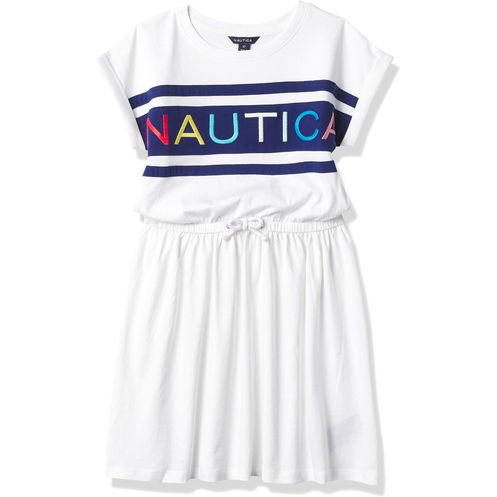 image:imageNautica Girls Short Sleeve Jersey Tee Dress with Elastic Cinched Waist Fun Designs amp ColorsWhite