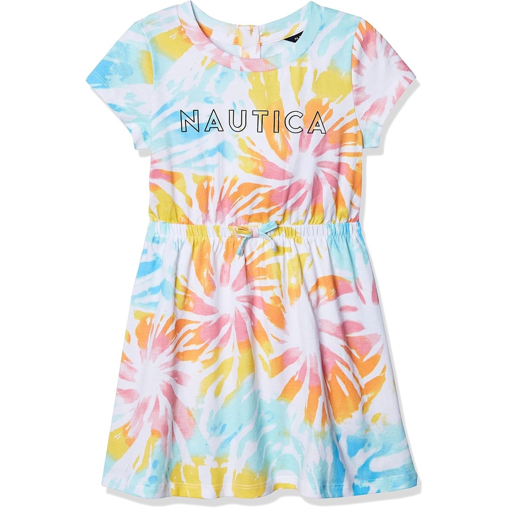 image:imageNautica Girls Short Sleeve Jersey Tee Dress with Elastic Cinched Waist Fun Designs amp ColorsWhite Sunburst Tie Dye