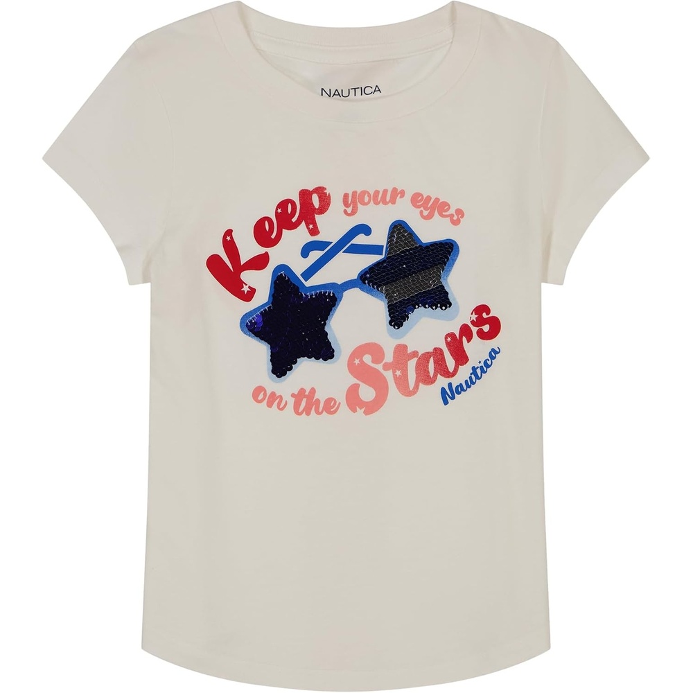 image:imageNautica Girls Short Sleeve Legacy TShirt with Flip Sequin Design Cotton Tee with Tagless InteriorBright White Stars