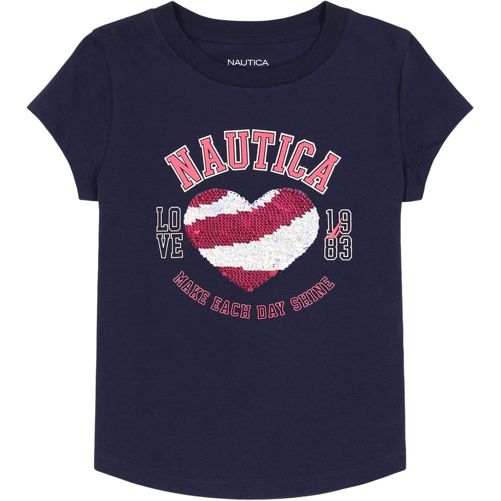 image:imageNautica Girls Short Sleeve Legacy TShirt with Flip Sequin Design Cotton Tee with Tagless InteriorPeacoat Heart Shine