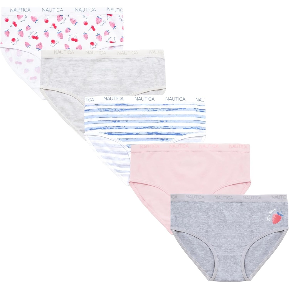 image:imageNautica Girls Underwear Briefs 5 Pack Comfort Stretch MidWaist Breathable Cotton Underwear Panties for Girls 412Light Heather GreyPinkStripePrint