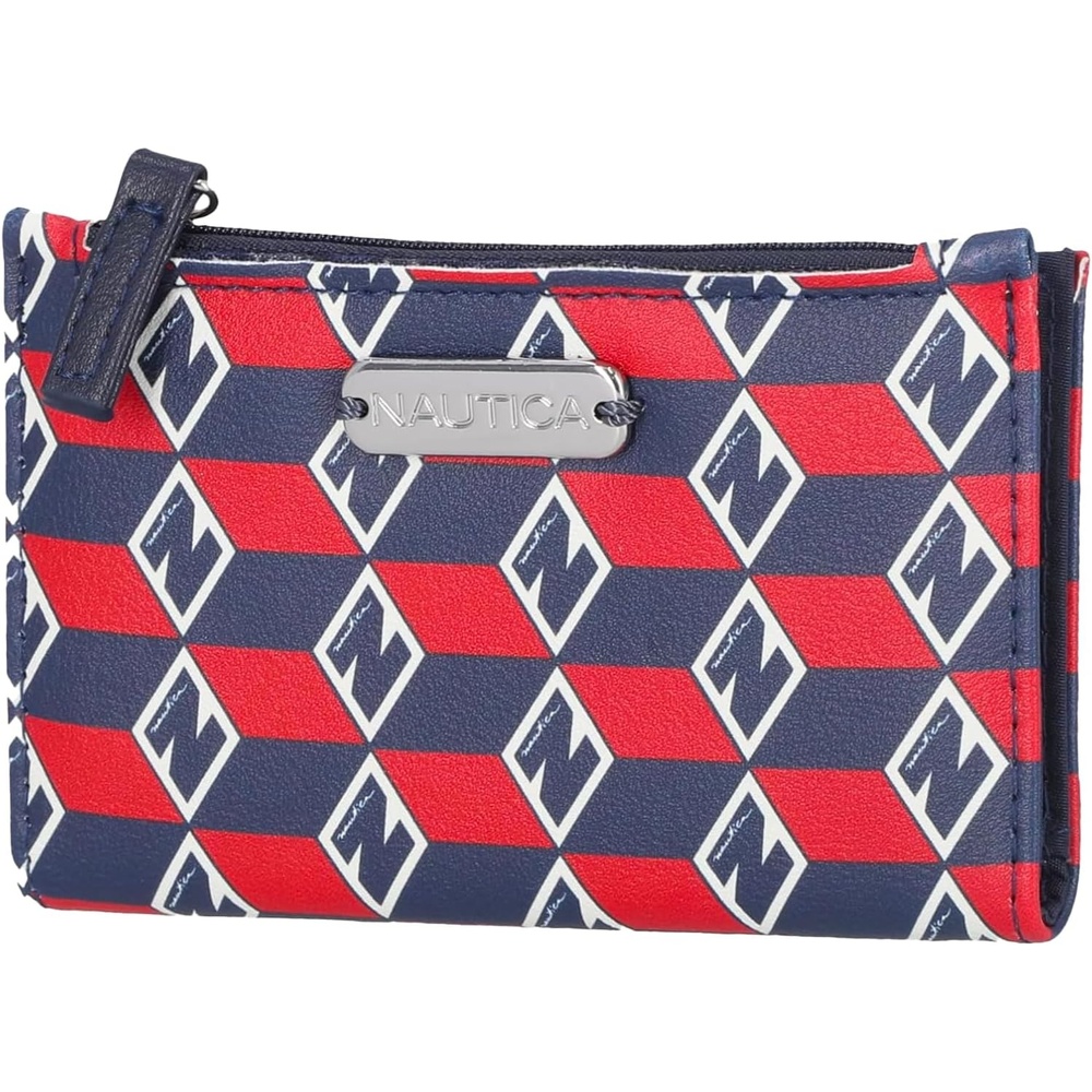 image:imageNautica High Tide Small Wallet for Women RFID Blocking Slim Credit Card Holder with Zipper Coin Pocket Bifold Compact Wallet with ID Window Red PrintedAmericana