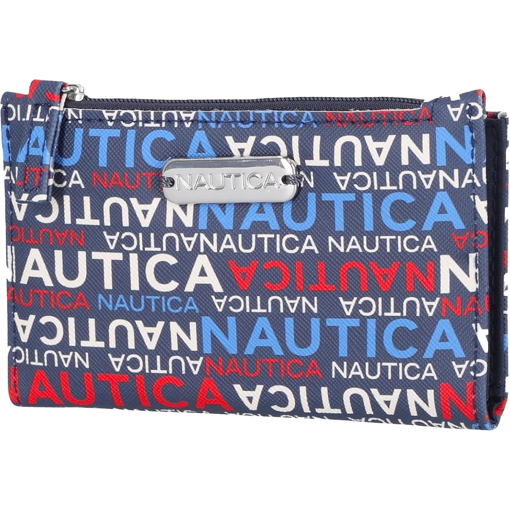 image:imageNautica High Tide Small Wallet for Women RFID Blocking Slim Credit Card Holder with Zipper Coin Pocket Bifold Compact Wallet with ID Window Red PrintedIndigoMarina