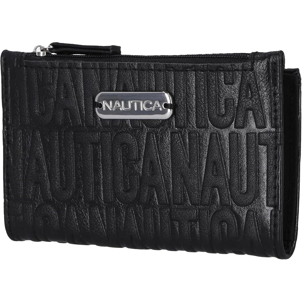 image:imageNautica High Tide Small Wallet for Women RFID Blocking Slim Credit Card Holder with Zipper Coin Pocket Bifold Compact Wallet with ID Window Red PrintedBlack Printed