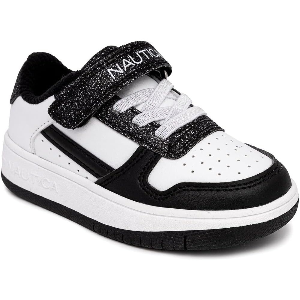 image:imageNautica Kids Girls Sneakers with Adjustable Strap and Bungee Straps Comfortable Casual Shoes ToddlerLittle KidBlack White Glitter