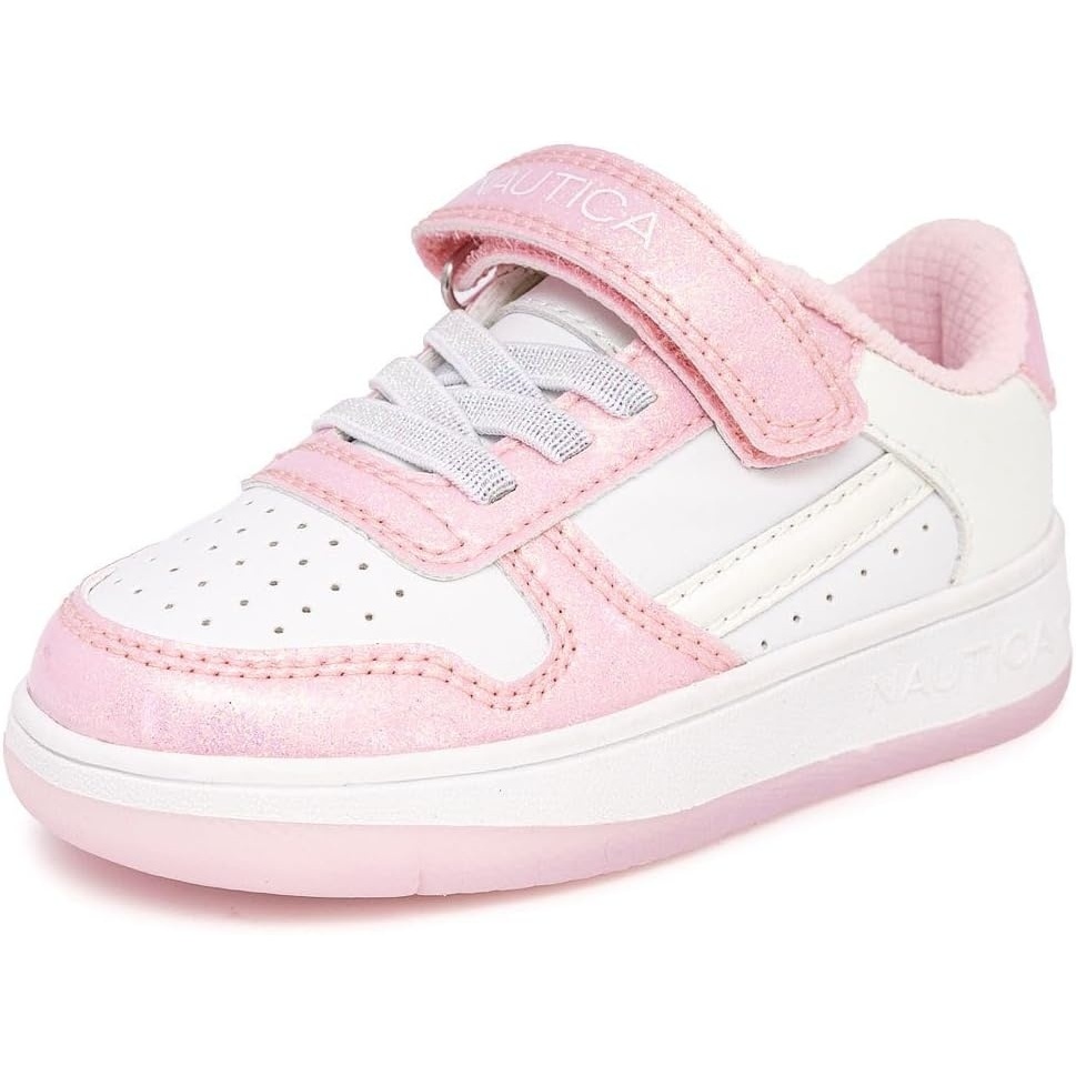 image:imageNautica Kids Girls Sneakers with Adjustable Strap and Bungee Straps  Comfortable Casual Shoes ToddlerLittle KidWhite Glitter Pink