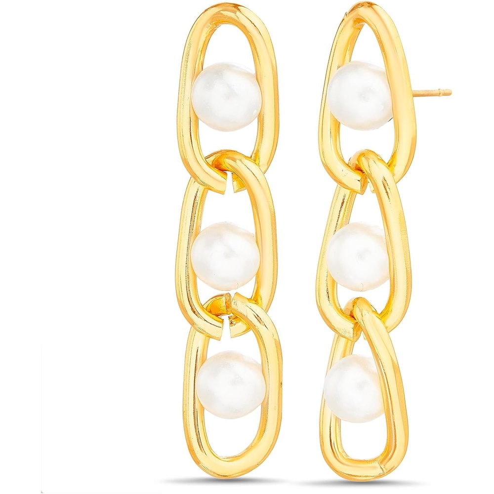 image:imageNautica Link Chain Simulated Pearl Dangle Earrings for Women 14K Yellow Gold Plated Alloy