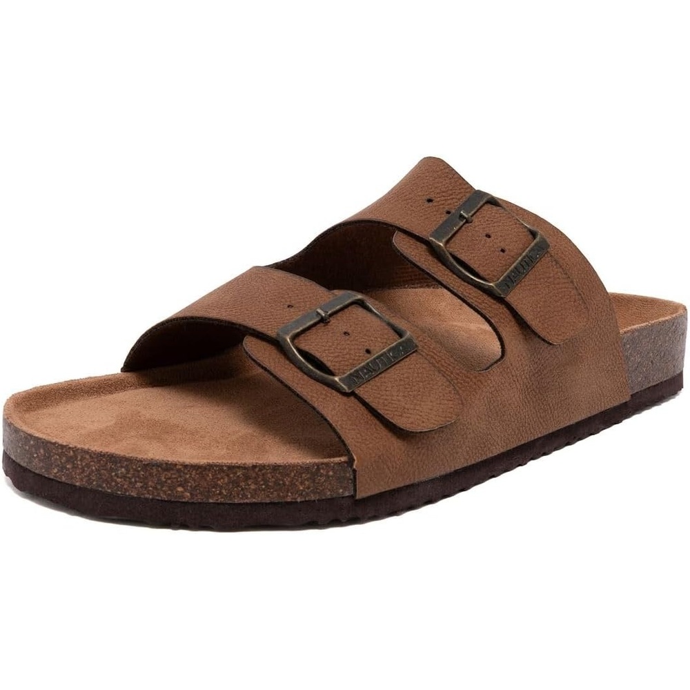 image:imageNautica Mens Sandals Casual Slides with 2 Adjustable Buckle Straps and Cork Footbed for Ultimate Comfort and Style RegularWide Width Big SizeCognactumbled