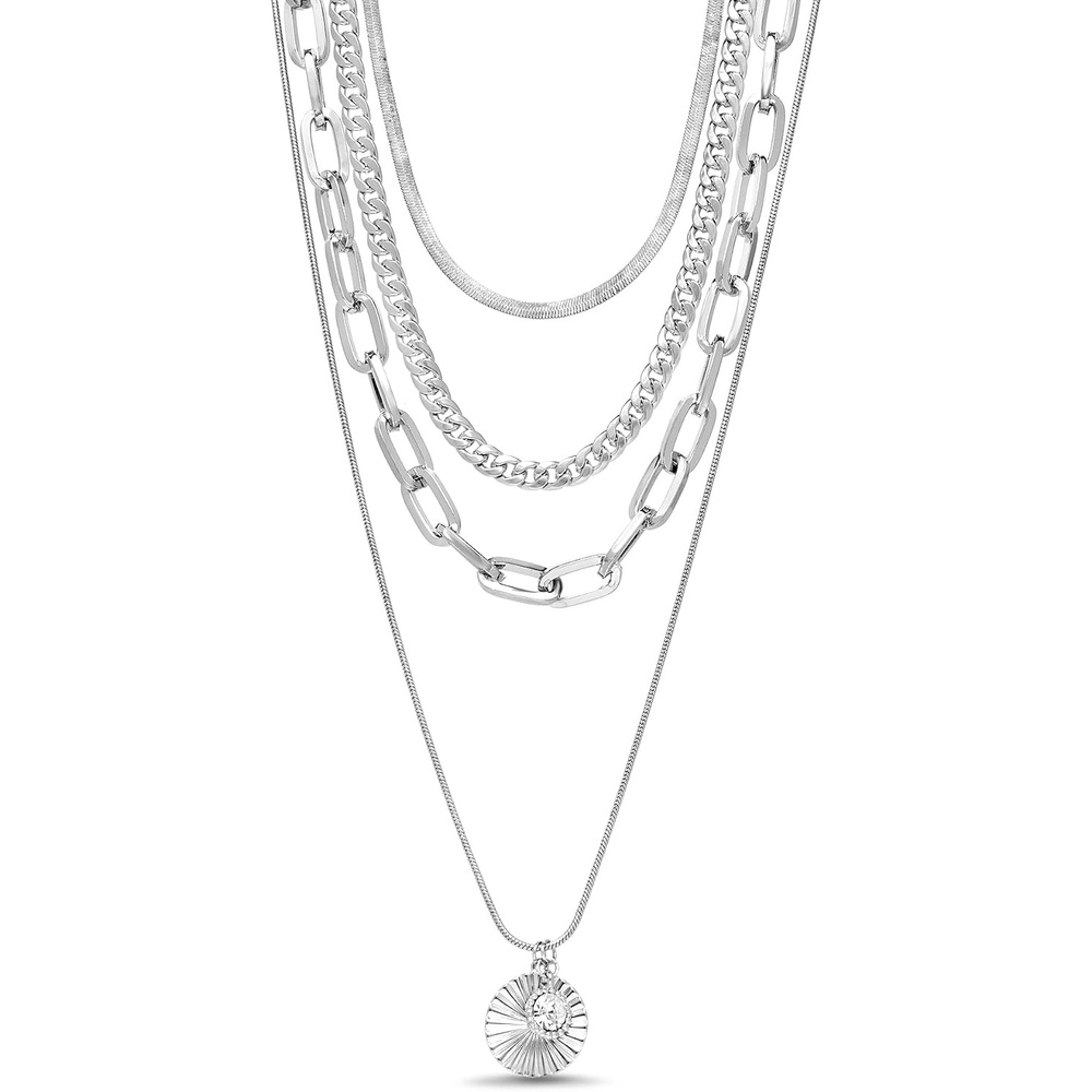 image:imageNautica Rhinestone Disc Pendant Layered Necklace for Women Rhodium Plated Alloy Four Row White Chain 1422 Inches