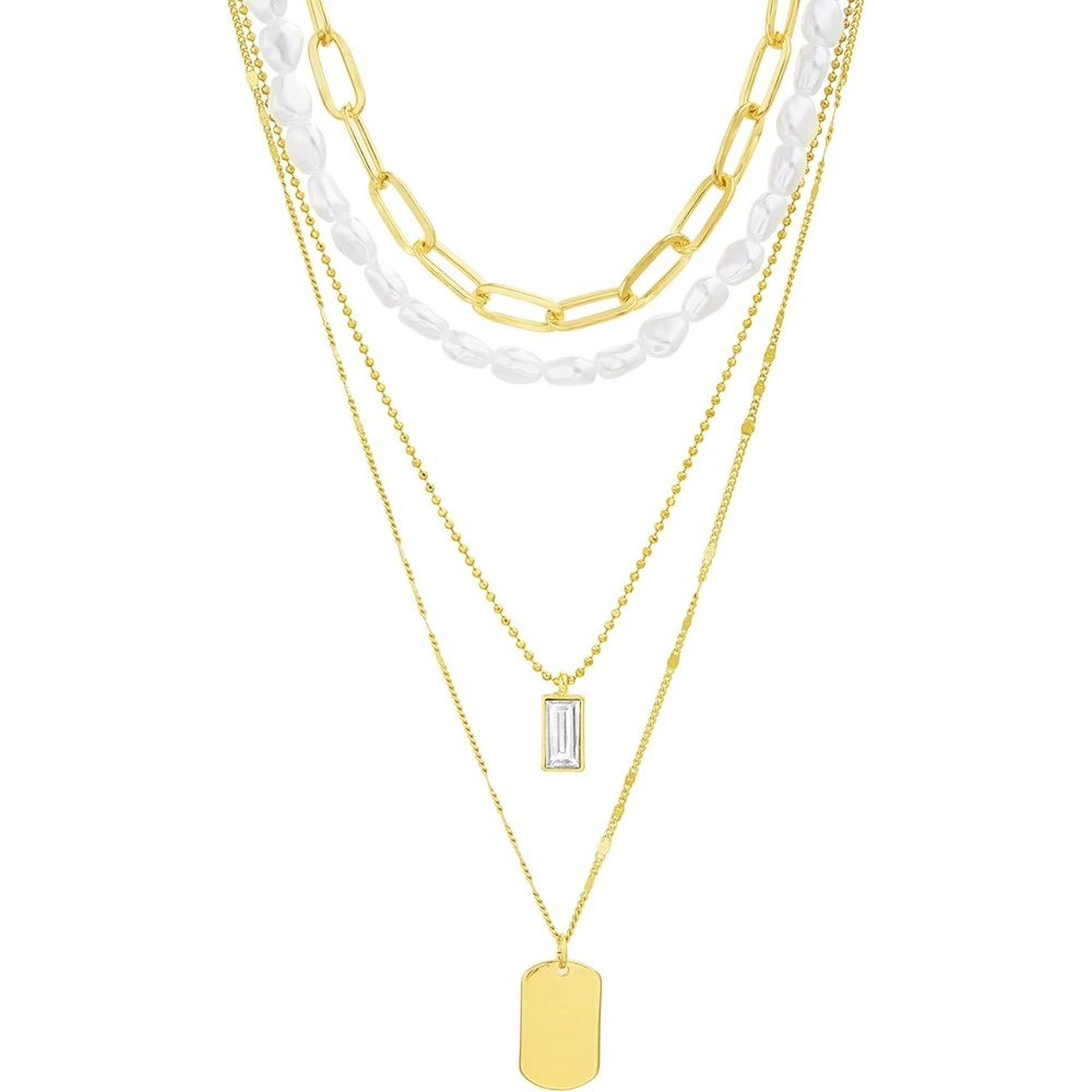 image:imageNautica Simulated Pearl Rhinestone Dog Tag Necklace Set for Women 14K Yellow Gold Plated Alloy 17 23 Inches