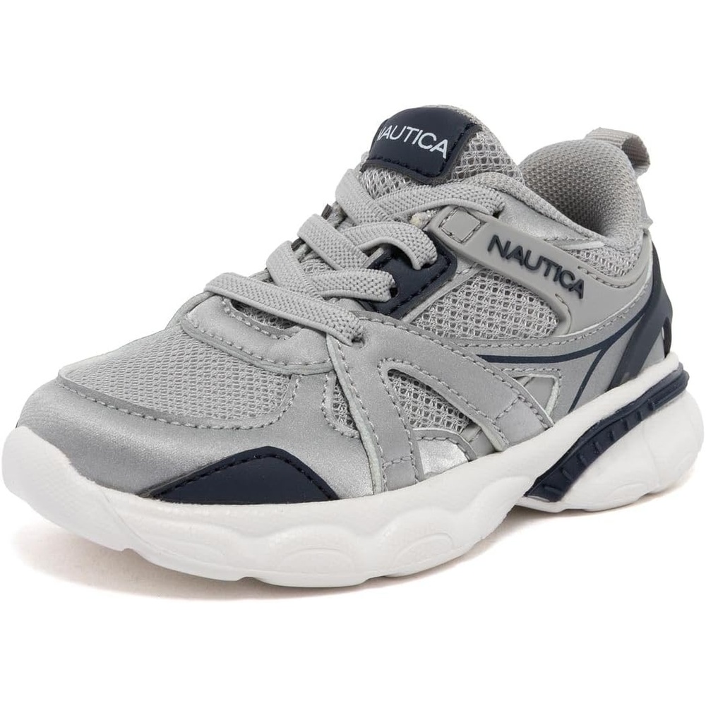 image:imageNautica Toddler Boys amp Girls Athletic Running Sneakers Lightweight Breathable Mesh Tennis Shoes with Bungee Laces Comfortable Walking amp School FootwearWhite Silver Navy