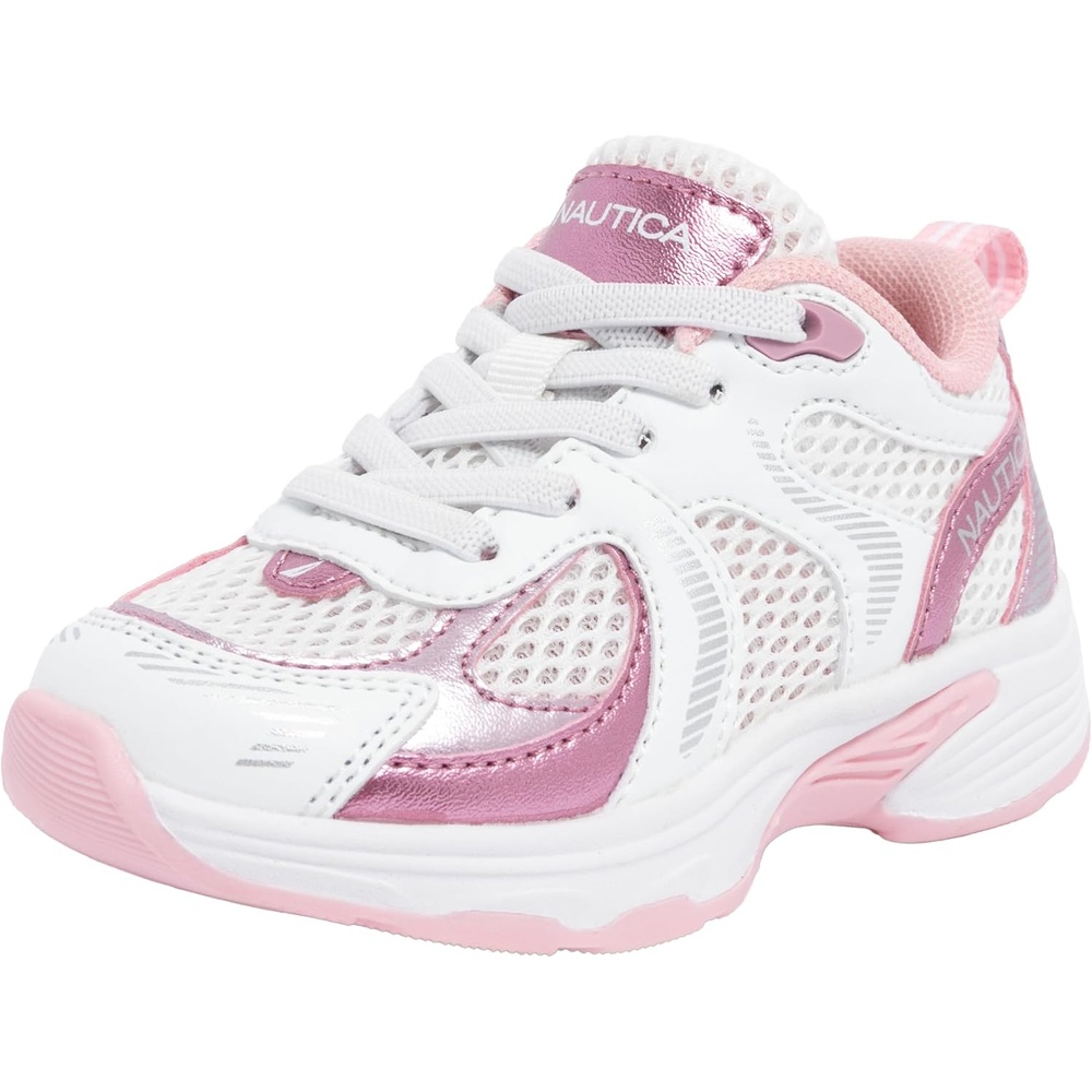 image:imageNautica Toddler Boys amp Girls Athletic Running Sneakers Lightweight Breathable Mesh Tennis Shoes with Bungee Laces Comfortable Walking amp School FootwearWhite Pink Metallic