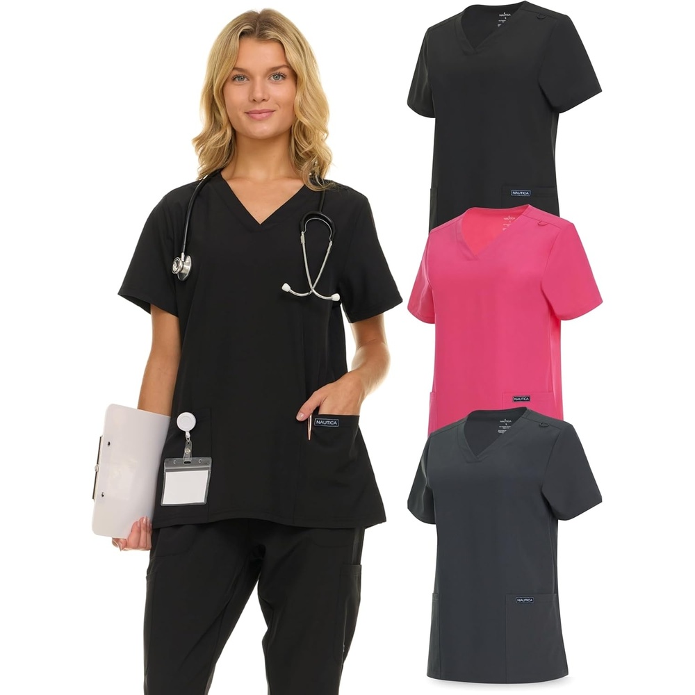 image:imageNautica Womens Scrubs Tops 3 Pack VNeck Breathable Scrub Tops Women 3 Pocket Stretch Fabric Scrubs for Women3 Pack BlkChrFus