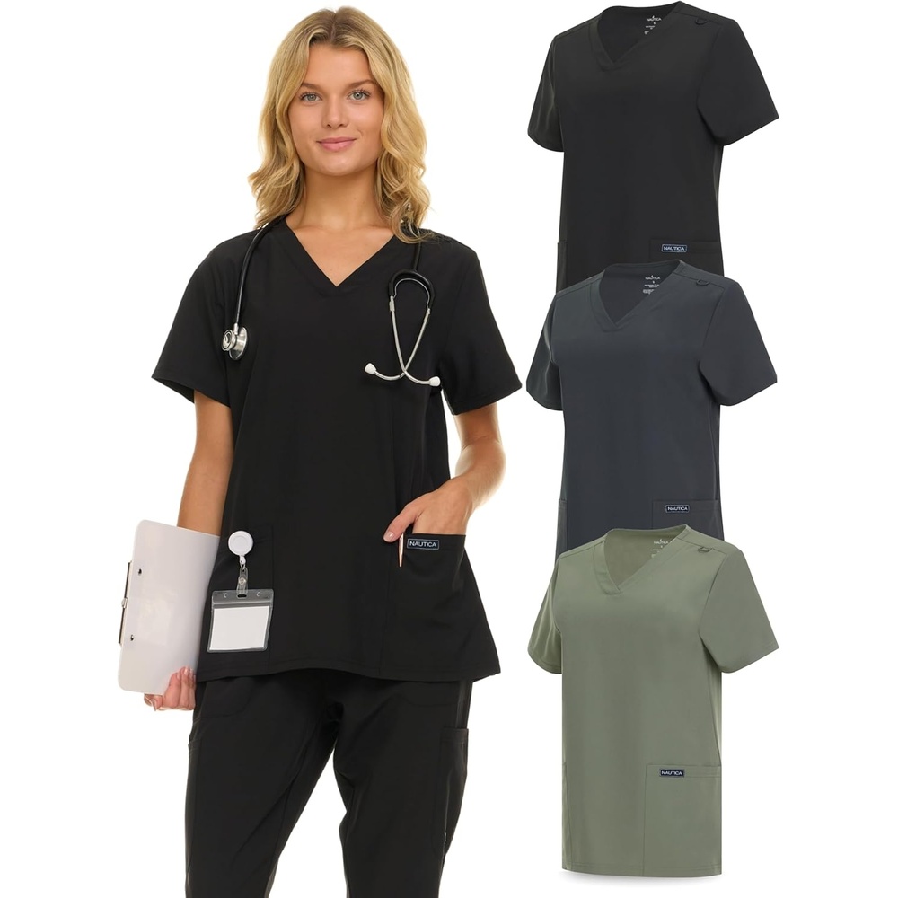 image:imageNautica Womens Scrubs Tops 3 Pack VNeck Breathable Scrub Tops Women 3 Pocket Stretch Fabric Scrubs for Women3 Pack BlkChrOlv