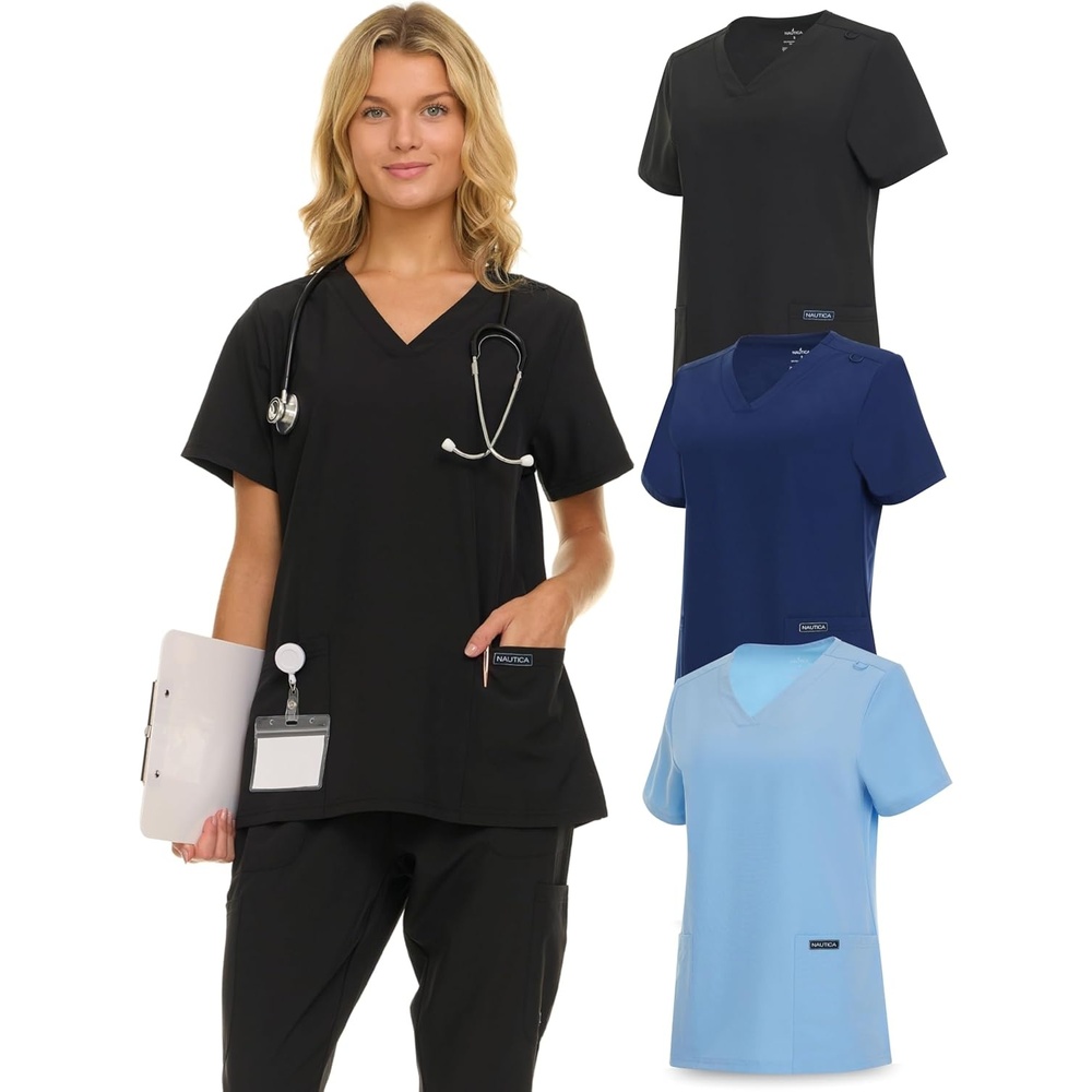 image:imageNautica Womens Scrubs Tops 3 Pack VNeck Breathable Scrub Tops Women 3 Pocket Stretch Fabric Scrubs for Women3 Pack BlkNvyCeil