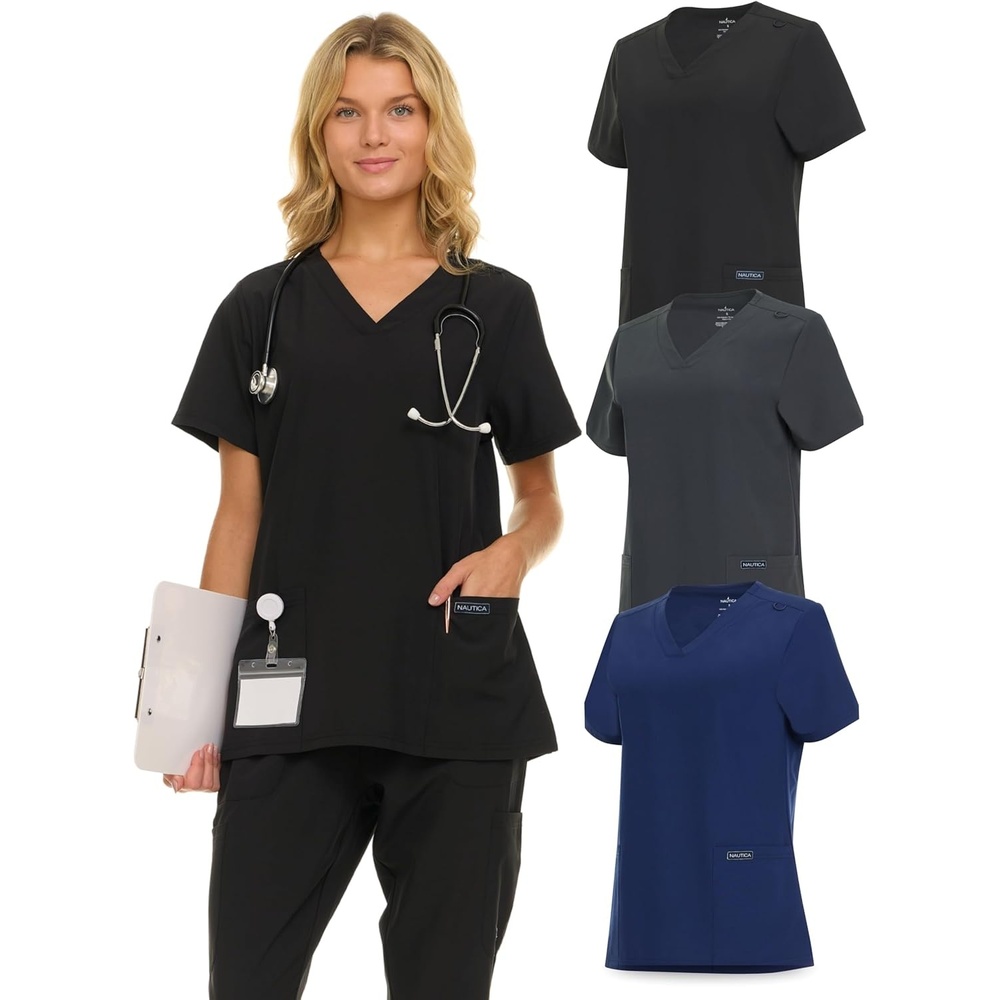 image:imageNautica Womens Scrubs Tops 3 Pack VNeck Breathable Scrub Tops Women 3 Pocket Stretch Fabric Scrubs for Women3 Pack BlkNvyChr