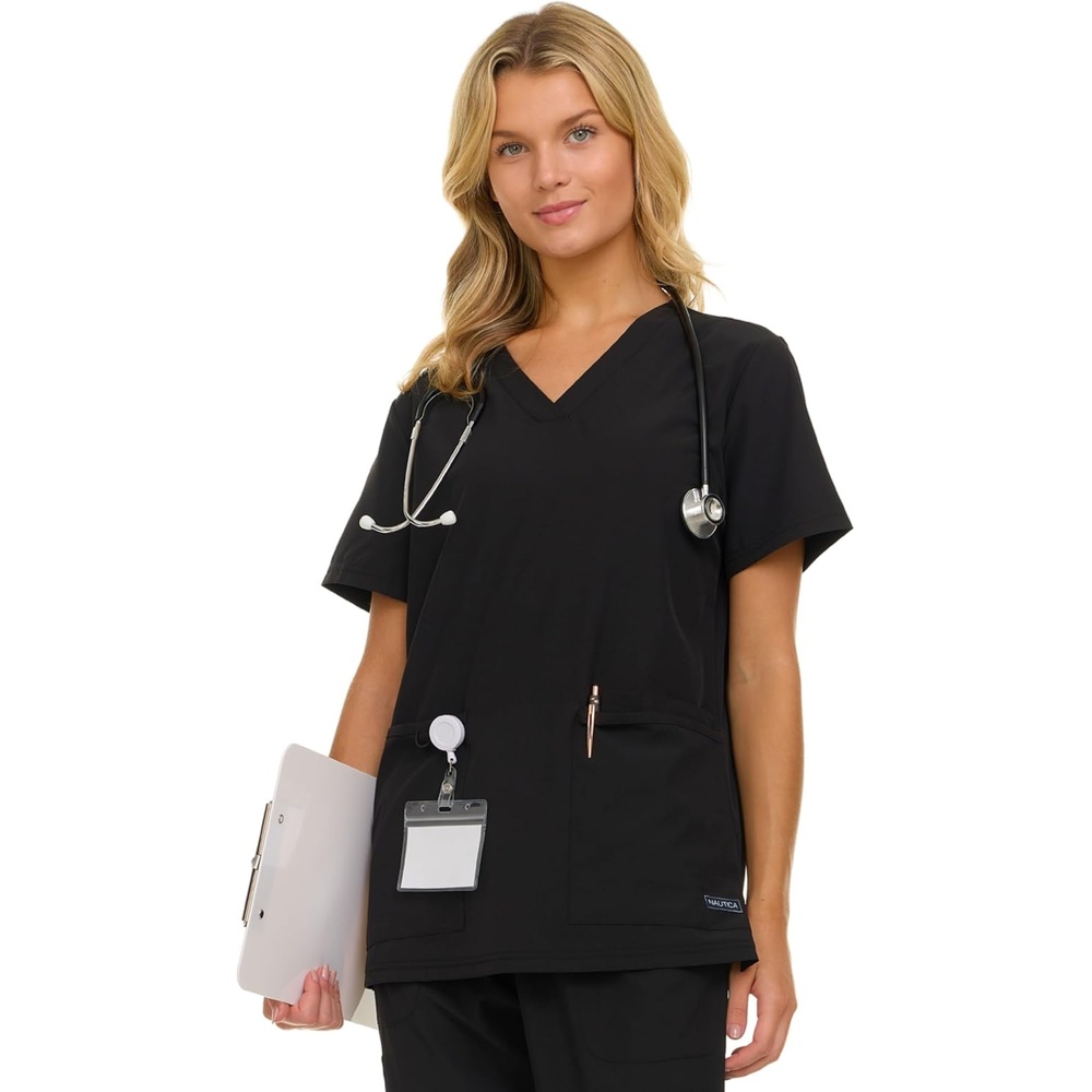 image:imageNautica Womens Scrubs Tops VNeck Breathable Scrub Tops Women 3 Pocket Stretch Fabric Scrubs for Women Medical Scrub ShirtBlack