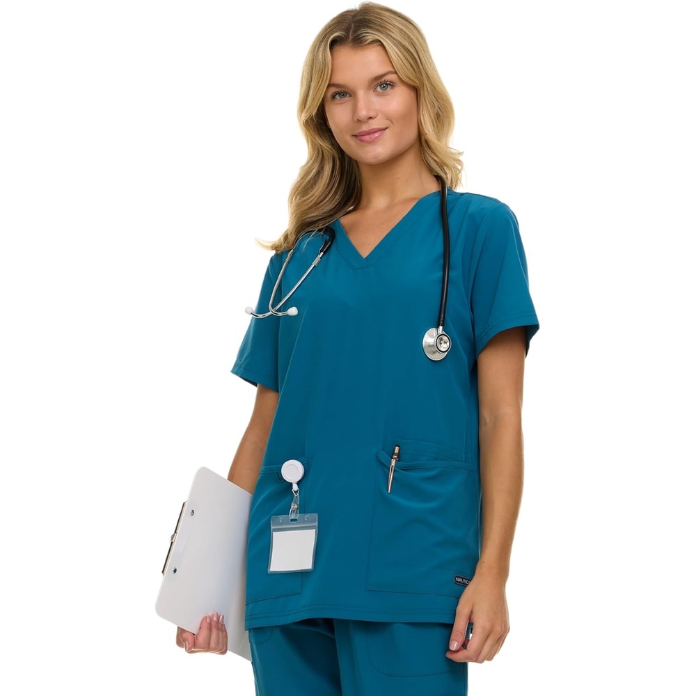 image:imageNautica Womens Scrubs Tops VNeck Breathable Scrub Tops Women 3 Pocket Stretch Fabric Scrubs for Women Medical Scrub ShirtCarribean