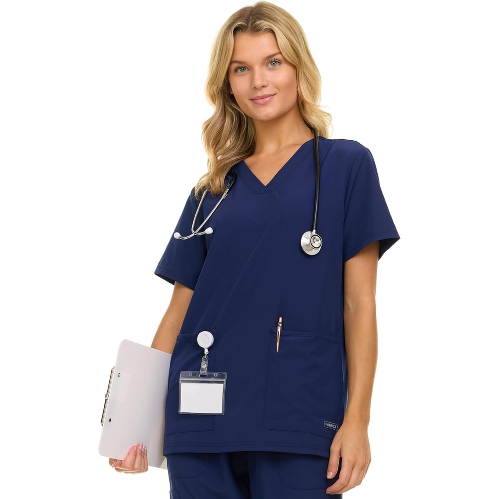 image:imageNautica Womens Scrubs Tops VNeck Breathable Scrub Tops Women 3 Pocket Stretch Fabric Scrubs for Women Medical Scrub ShirtNavy